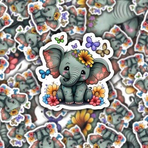 Elefant, Schmetterlinge und Blumen Vinyl Aufkleber