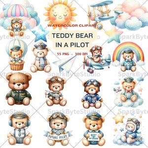 Clipart aquarelle ours aviateur, ballon, avion, parachute, ciel, nuage, ours en peluche, pilote de bébé ours, vol, baby shower bleu, bébé garçon.