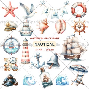 Imágenes prediseñadas náuticas, olas del océano, faro, barco, ancla, concha, imágenes prediseñadas de acuarela, archivo PNG, descarga instantánea, uso comercial