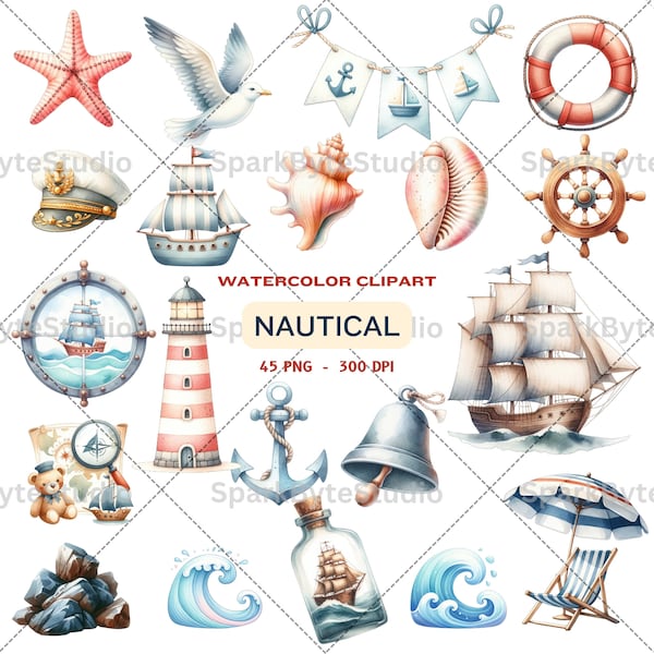 Clipart nautique, vagues de l'océan, phare, bateau, ancre, coquillage, clipart aquarelle, fichier PNG, téléchargement immédiat, usage commercial