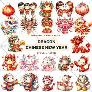 Dragon Chinese New Year 2024 Watercolor Clipart,Cute Dragon clipart, Traditional Chinese Decor, Lion Dance, Chinese Lunar New Year, PNG File