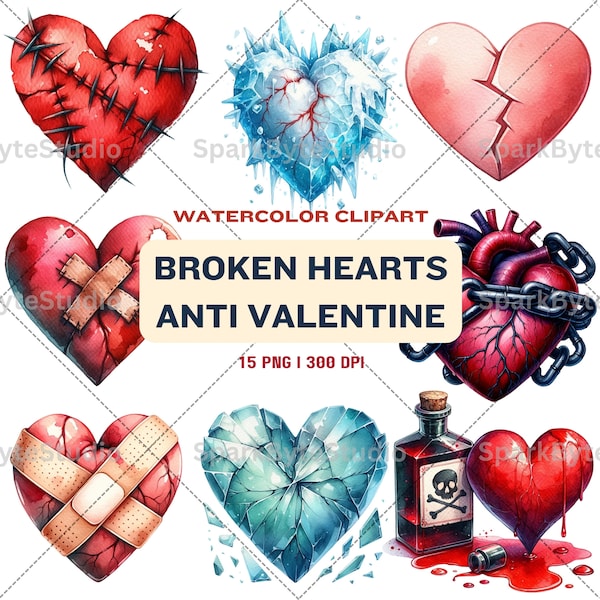 Broken Hearts Watercolor clipart, anti valentine clipart,Heart injury,Distressed Heart,Cracked Heart Clipart,png file Digital download