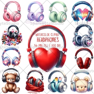 Headphones Valentines Watercolor Clipart, Valentines Day heart cute bear Clipart, PNG files, transparent background, scrapbook, invitations