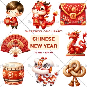Clipart aquarelle nouvel an chinois 2024, clipart Dragon mignon, décoration traditionnelle chinoise, danse du Lion, nouvel an lunaire chinois, fichier PNG
