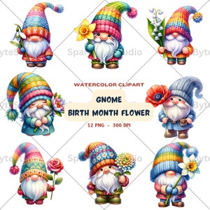 Gnome Birth Month Flower Watercolor Clipart, Birth Month Flower, Flower gnome, Watercolor Floral PNG, png transparent, Commercial Use