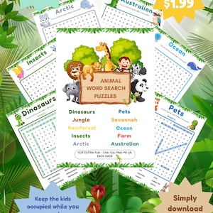 Animal Wordsearch Pack for Kids,  10 Printable Word Search Puzzles PDF,  Fun Educational Activity, Instant Download