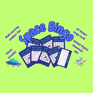 Jeu de bingo spatial pour enfants | 20 cartes imprimables PDF | Téléchargement A4 | Jeu de société | Activité en classe | Jeu spatial éducatif amusant