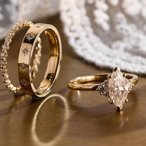 2 CT Marquise cut moissanite Solid gold wedding trio ring set art deco classic bridal set with matching band anniversary gift for women