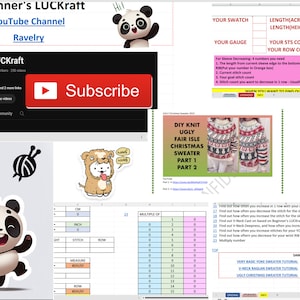 Może przedstawiać: Zrzut ekranu z kanału YouTube Beginner's LUCKraft, z logo przedstawiającym pandę i czerwonym przyciskiem z napisem „Subskrybuj”. Kanał dotyczy robótek na drutach i zawiera samouczek dotyczący robienia na drutach brzydkiego swetra w stylu Fair Isle na Boże Narodzenie.