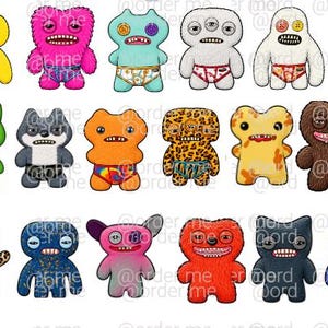 Op de afbeelding: Een verzameling kleurrijke, cartoonachtige monsterknuffels. Elke knuffel heeft een uniek ontwerp, met verschillende kleuren, gezichtsuitdrukkingen en patronen. Sommige dragen ondergoed met patronen. De knuffels zijn in rijen gerangschikt tegen een witte achtergrond.