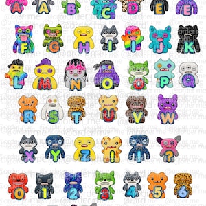 Puede incluir: Una colección de personajes monstruosos coloridos, cada uno emparejado con una letra o un número. Las criaturas tienen varias texturas y patrones, incluyendo manchas y rayas. El fondo es blanco.