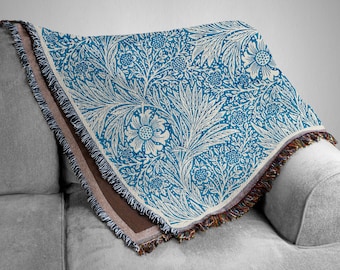Blue Woven Blanket - Floral William Morris Throw - Boho Tapestry - Woven Throw - Cottage Core Vintage Decor - Blue Cotton Fringe Blanket