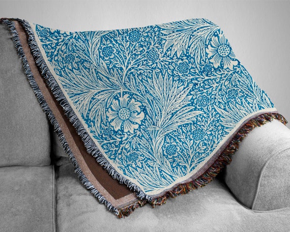 Blue Woven Blanket - Floral William Morris Throw - Boho Tapestry - Woven Throw - Cottage Core Vintage Decor - Blue Cotton Fringe Blanket