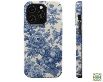 Toile de Jouy Phone Case for iPhone 15 14 13 Pro Max Plus Mini, MAG SAFE Phone Cover Blue Toile Flower Case French Toile Floral Art Case