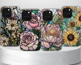 Pastel Flower Stained Glass MAG SAFE Phone Case For iPhone 15 14 13 Pro Max Plus Mini Cover Aesthetic Roses Peonies Wildflowers Sunflowers