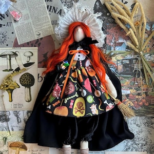 Handmade Witch Doll: Textile Halloween Decor with Broom & Cauldron