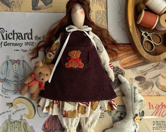 Handmade Tilda Angel Doll: Brown Tones, Bear Accessory