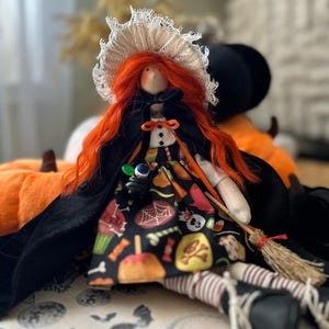Tilda the witch, Handmade Witch Doll, Halloween Decor, Textile Collectible Doll, Unique Halloween Gift