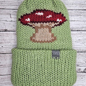 Puede incluir: Gorro de punto verde con un diseño de hongo rojo y blanco. El gorro tiene un puño abatible y una etiqueta negra con el texto "KGY".