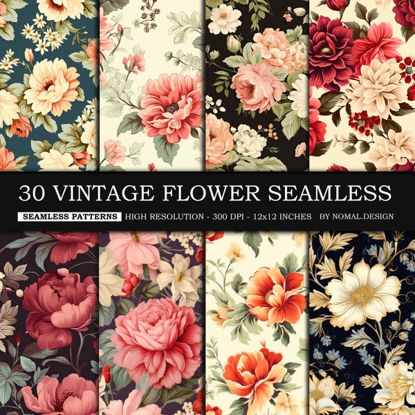 30 Vintage Flower Seamless Patterns , Digital Paper , Luxurious Pattern , Commercial Use, Digital Pattern, Pattern File