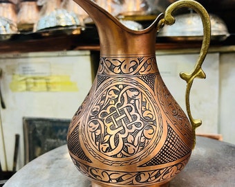 Handmade %100 Copper Pitcher,Engraved Copper Pitcher,Decorative Water Pitcher,Embroiedered Water Pitcher, Copper Decenter,Mother'S Day Gift