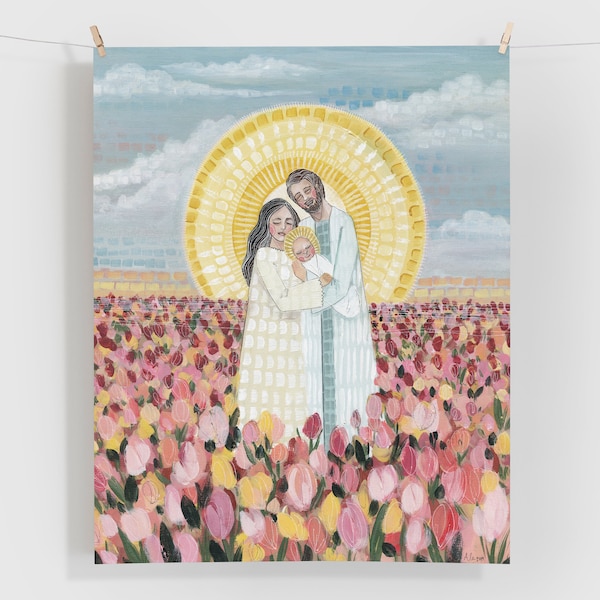 Heavenly Parents + Child | The Holy Family | Christian Art | Baby Nursery Room Art | Colorful Tulip Floral | Religious Fine Art Giclee Print
