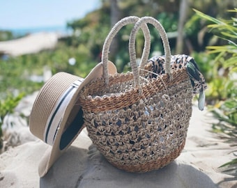 Handgewebte Tasche aus Seegras – Boho Strandtasche – Umweltfreundlicher Korb im Vintage-Stil – Nachhaltige handgemachte Strohtasche – Sommer Mode-Accessoire