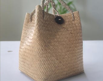 Handgewebte Tasche aus Seegras – Boho Strandtasche – Umweltfreundlicher Korb im Vintage-Stil – Nachhaltige handgemachte Strohtasche – Sommer Mode-Accessoire
