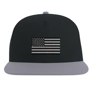 USA Flag Flat Bill Cap | Yupoong 6007 Black & Silver | Stylish Snapback Hat