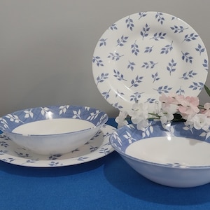 May include: A set of white ceramic dinnerware with a blue leaf pattern. The set includes a large plate, two bowls, and two smaller plates. The bowls and plates are arranged on a blue surface.