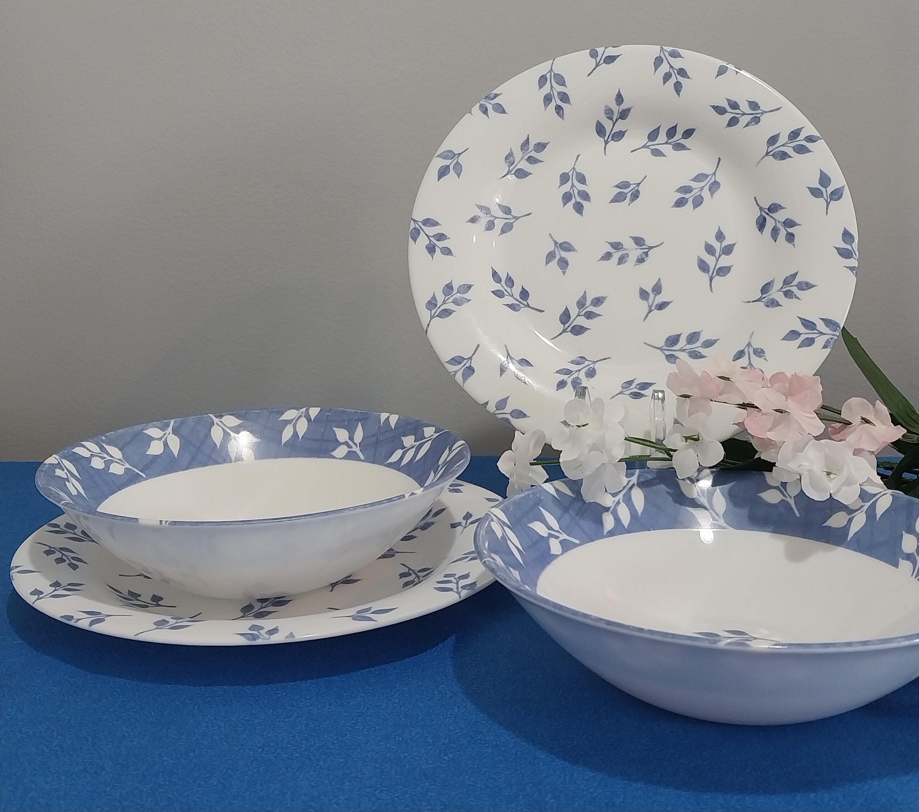 Vintage Arcopal Blue Leaf Dinnerware Set: French Opal Glass, Mid