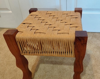 Vintage Handcrafted Hardwood Footstool with Woven Rush Seat | Primitive Farmhouse Stool | Rustic Cottage Accent | Early American Decor