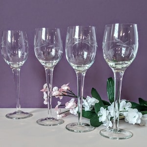 Etched Crystal Wine Glasses - Set of 4 Hand Blown Floral Goblets