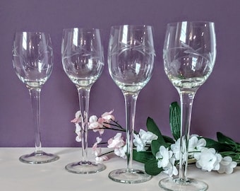 Etched Crystal Wine Glasses - Set of 4 Hand Blown Floral Goblets
