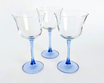 Vintage Blue Stem Wine Glasses Set of 3, Clear Goblets, 8 oz Wine Glasses, Replacement Stemware, Barware Set, Mismatched Glasses