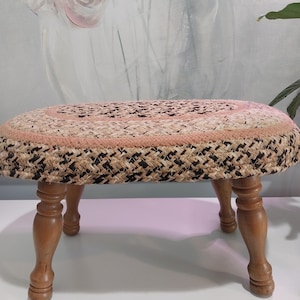 Vintage Braided Rug Footstool, 1940s Primitive Ottoman, Cottagecore Foot Rest, Handmade Farmhouse Wooden Stool, Rustic Americana Decor