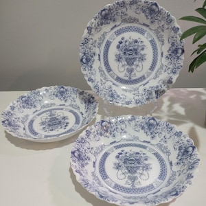 Vintage Arcopal Honorine Blue Floral Bowls - Set of 3 French Opaline Milk Glass
