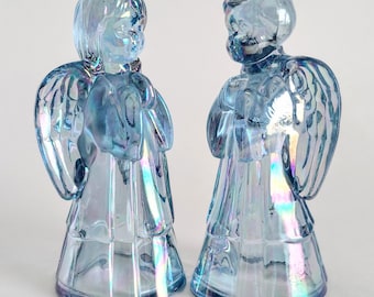 Fenton Angel Set Boy Girl Iridescent Glass Pair 6 Inch Vintage Carnival Art Glass