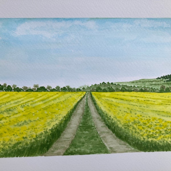 Original watercolour painting "Rapeseed fields, Oxfordshire" - hand painted - 297 x 210mm/11.7 x 8.3in/A4