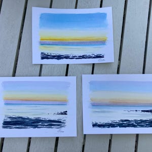Trio de cartes de voeux (3 cartes) aquarelle originale « Coucher de soleil à Cadix, Espagne », 14,8 x 10,5 cm/A6 6 x 4 po., collection limitée de cartes « Été »