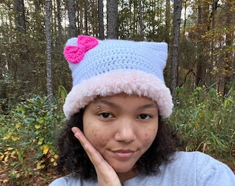 customizable crochet hello kitty cat beanie w/ fur
