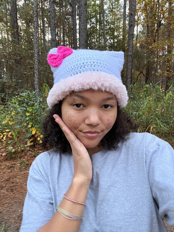 customizable crochet hello kitty cat beanie w/ fur