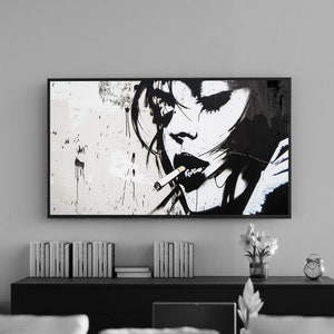 Puede incluir: Ilustración en blanco y negro de la cara de una mujer con un cigarrillo en la boca. El fondo es una pared blanca texturizada con salpicaduras de pintura negra.