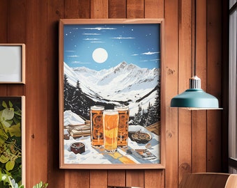 May include: A framed print depicts a snowy mountain landscape under a full moon. Three glasses of beer sit on a table in front of the mountains. The print is displayed on a wood-paneled wall, with a hanging teal light and a wooden chair.
