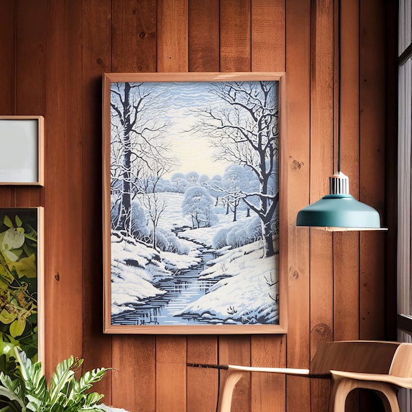 A Snowy Brook | Retro Winter Poster | Cabin Decor | Ski Wall Art, Snowy Woods, Winter Home Decor, Linocut Style Print, Digital Download