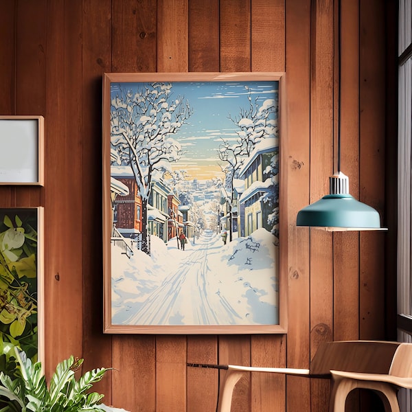 Quaint Town | Retro Winter Scene | Cabin Decor | Wall Art, Winter Home Decor, Linocut Style Print, Digital Download