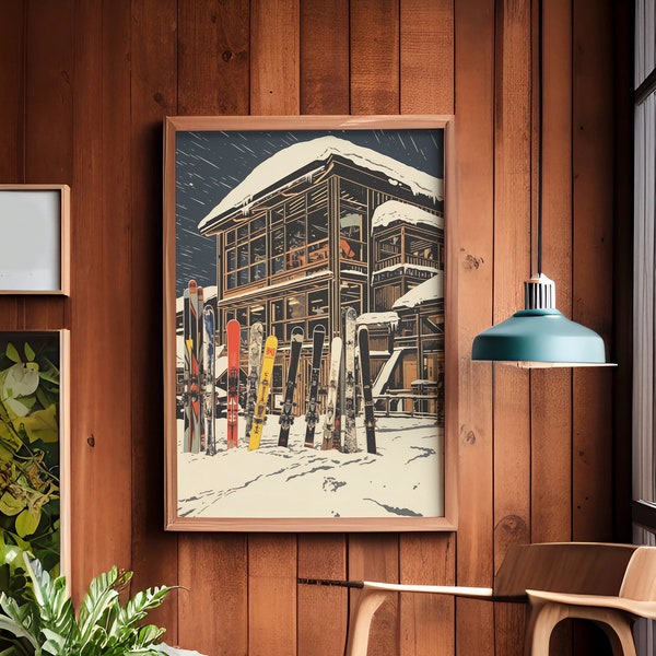 The Lodge | Retro Winter Scene | Cabin Decor | Wall Art, Winter Home Decor, Linocut Style Print, Digital Download