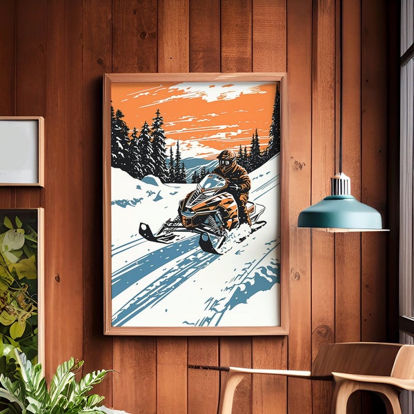 Retro Snowmobile Wall Art | Sled | Cabin Decor | Ski Wall Art, Snowmobile, Winter Home Decor, Linocut Style Print, Digital Download