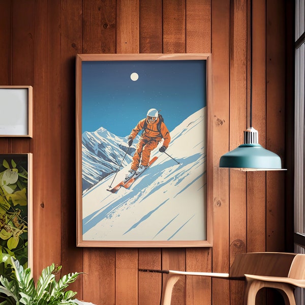 Blue Bird Day / Poster di sci retrò / Arredamento cabina / Arte della parete sci, Sciatore alpino, Arredamento per la casa invernale, Stampa stile linoleografia, Download digitale