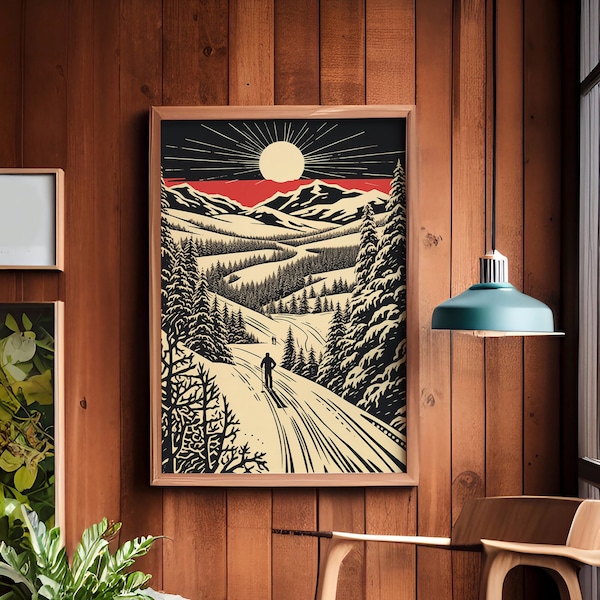 Red Sunset | Retro Skiing Poster | Cabin Decor | Ski Wall Art, Alpine Skier, Winter Home Decor, Linocut Style Print, Digital Download